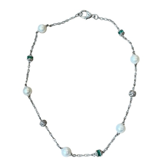 Judith Ripka Sterling Silver & Pearl Necklace with Green Gemstone Accents 17.5” - Picture 1 of 9